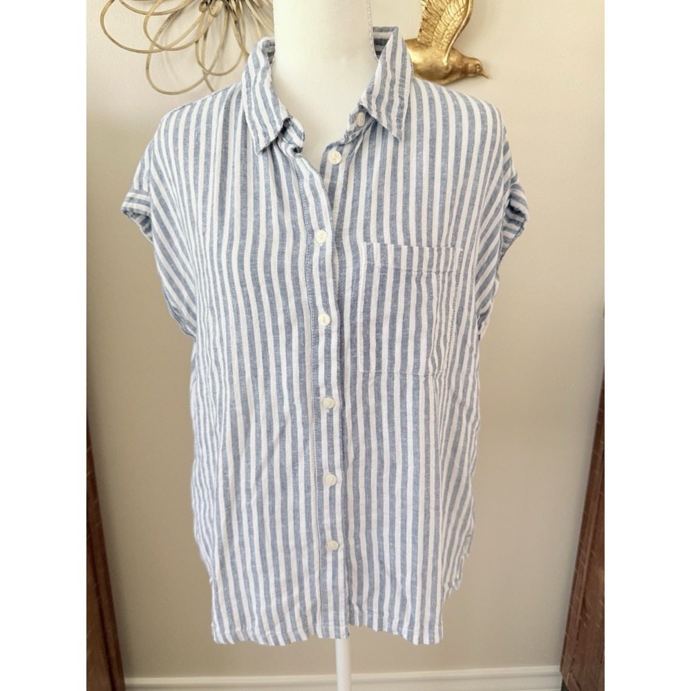 Orvis Top Women M Button Up Cap Sleeve Stripe Linen Blend Coastal Beach Nautical